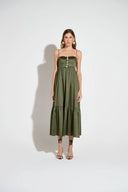 Vestido midi Elisa verde escuro acetinado com botões e saia evasê com babado