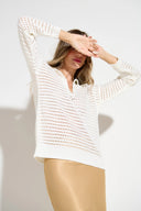 Blusa de tricô de manga longa off-white em ponto vazado