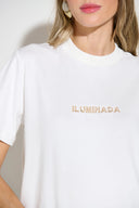 T-shirt off-white com bordado dourado 'Iluminada' e gola redonda