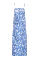 Vestido midi em jacquard chinês azul e prata com decote reto