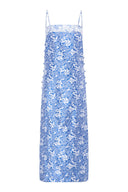 Vestido midi em jacquard chinês azul e prata com decote reto