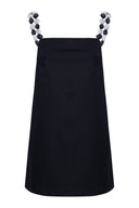 Vestido curto preto em tricoline com alças de miçangas preto e branco