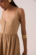 Vestido midi caqui com corpo corselet e saia rodada