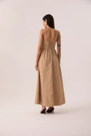 Vestido midi caqui com corpo corselet e saia rodada