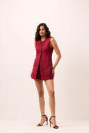 Vestido curto Aurora vinho com pesponto e botões frontais