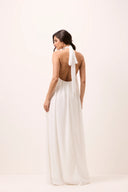 Vestido longo off-white em mousseline frente única