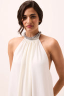 Vestido longo off-white em mousseline frente única