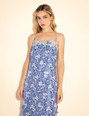 Vestido midi em jacquard chinês azul e prata com decote reto